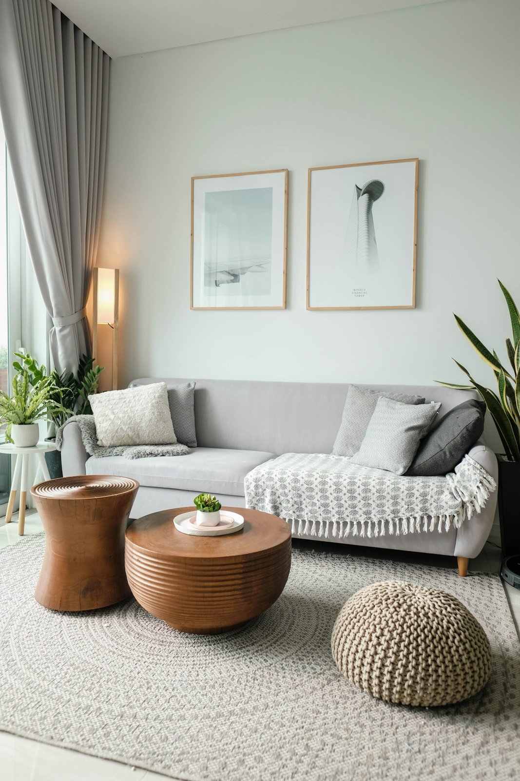 A considered living space with natural materials and sculptural furniture